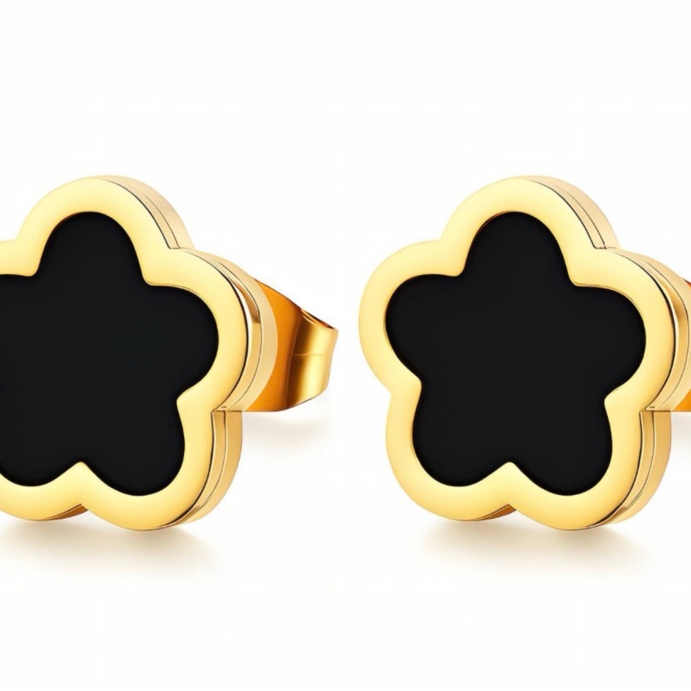 18k Gold plated  Black Flower Earrings